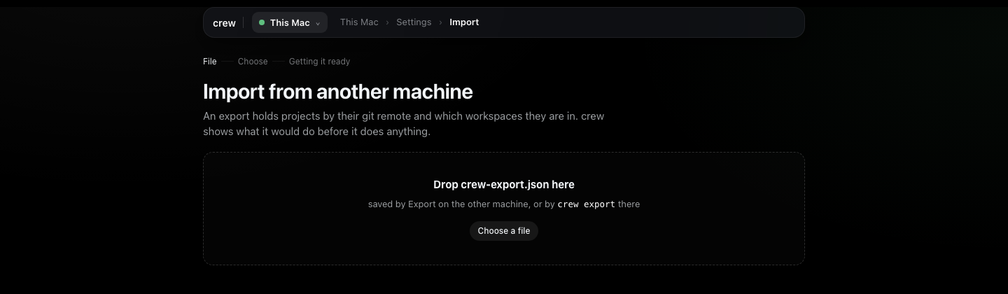 Import's first step: drop crew-export.json here, or Choose a file, with the File, Choose and Getting it ready steps above