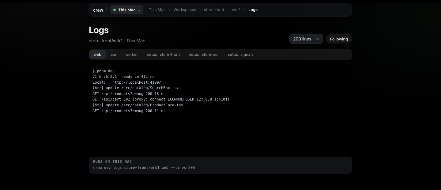 store-front/wrk1's Logs: tabs for web, api, worker and each project's setup runner, web's output with Following on, and the crew dev logs command under it