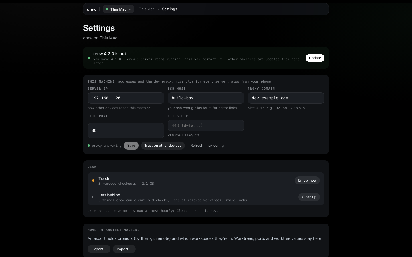 Settings: crew 4.2.0 is out with Update, This machine's addresses and proxy ports, the disk section with Trash and Left behind, and Move to another machine