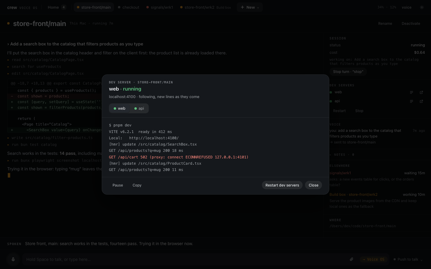 web's log in its window over the session page: running on localhost:4100, tabs for web and api, the Vite output with a 502 proxy error in red, and Pause, Copy, Restart dev servers and Close