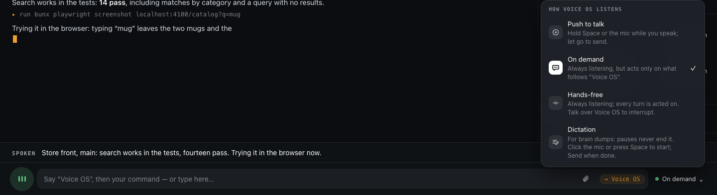 The listening-mode menu in the bottom bar: Push to talk, On demand, Hands-free, Dictation