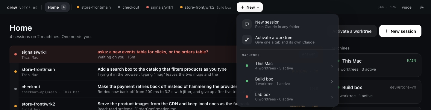 The New menu open under the top bar: New session, Activate a worktree, then This Mac, Build box and Lab box with what each holds
