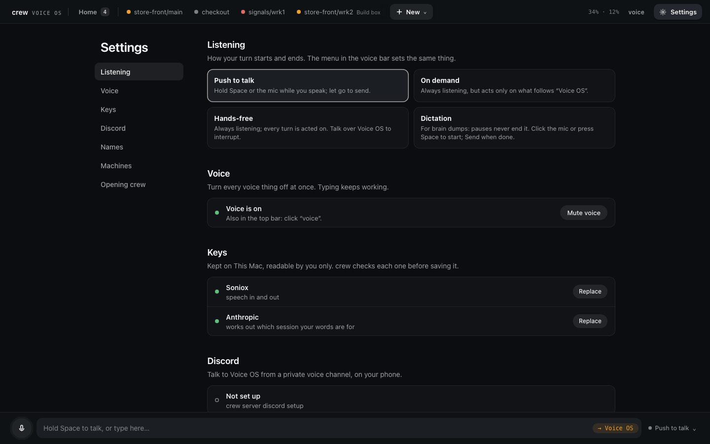 Settings: a side menu, the four listening modes as cards, voice on with Mute voice, the Soniox and Anthropic keys with Replace, and Discord not set up